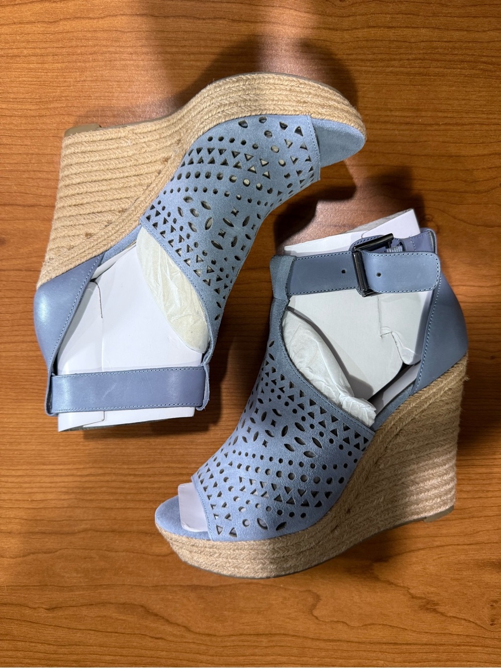 Marc Fisher Light Blue Laser-Cut Espadrille Wedge Sandals